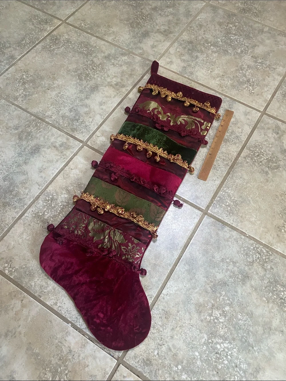 Burgundy and Green Velvet Hanging Pocket Organizer for Christmas cards